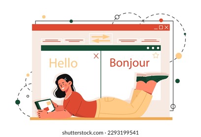 Online translator concept. Woman translates text from english to french, study and foreign languages on internet. Idea of global communication. Cartoon flat vector illustration