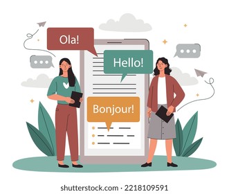 Online translator concept. Women stand near smartphone screen. Gadgets and devices. Modern technologies and digital world. International communication on Internet. Cartoon flat vector illustration