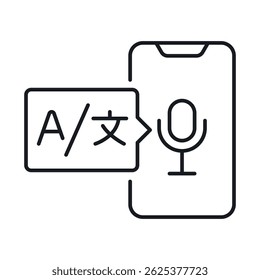 Online translator icon showing a smartphone with a microphone and a language symbol indicating voice recognition