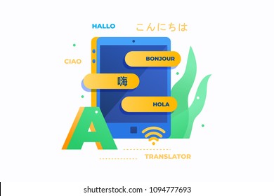 Online translator. Inscription Hello in French, Italian, Spanish, German, Chinese and Japanese. Concept of education. Vector flat image.