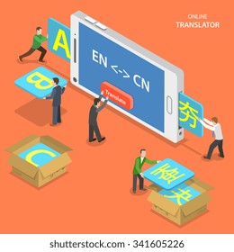 Online translator isometric flat vector concept. People are translating from English to Chinese using mobile phone.