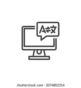 Icono de línea de traductor en línea. signo de estilo lineal para concepto móvil y diseño web. Monitor de computadora con icono de vector de contorno de chats de conversión. Símbolo, ilustración del logotipo. Gráficos vectoriales