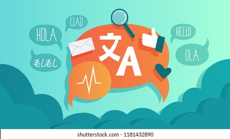 Online translator in mobile phone or another device. Translate foreign language fast and easy. Global wireless technology. Flat vector illustration