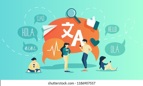 Online translator in mobile phone or another device. Translate foreign language fast and easy. Global wireless technology. Flat vector illustration