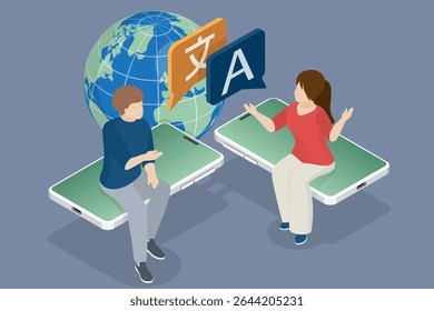 Online translator in mobile phone concept. Chat message on mobile translate application. Translator app. Man and woman communicate using a smartphone. 3d flat isometric vector illustration.
