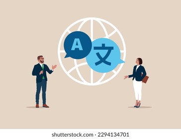 Online translator. People multi language communication. Linguist. Flat vector illustration