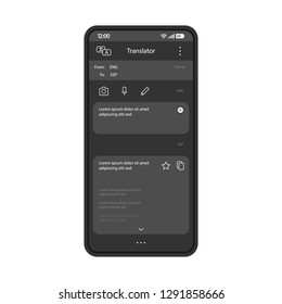 Online Translator Smartphone App Interface Vector Template. Mobile Application Page Black Design Layout. Multi Language Translation Screen. Flat UI. Phone Display