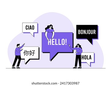 Online translator, Translate foreign languages, Chat bubbles with different languages, Hello!, Multilingual communication, App icon for Dialogue between foreign people concept flat vector illustration