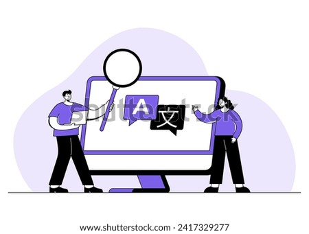 Online translator, Translate foreign languages, Chat bubbles with different languages, Hello!, Multilingual communication, App icon for Dialogue between foreign people concept flat vector illustration