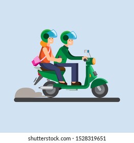 Online transportation biker, motorcycle, tandem, passenger, couple together riding motorcycle illustration