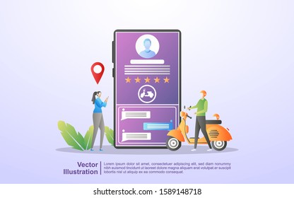 Online transportation concept. People order transportation through the mobile app. Order food online. City transportation services. Can use for web landing page, flyer, mobile app. Vector Illustration