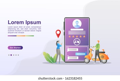 Online transportation concept. People order transportation through the mobile app. Order food online. City transportation services. Can use for web landing page, flyer, mobile app. Vector Illustration