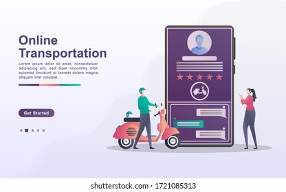 Online transportation concept. People order transportation through the mobile app. Order food online. City transportation services. Can use for web landing page, flyer, mobile app. Vector Illustration