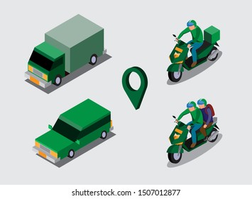 Online Transportation Motorcycle, Car And Courier With Green Uniform Isometric Vector