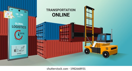 Online Transportation on mobile service. Global logistic, Online order, Online delivery. forklift,  container, warehouse and parcel box. Delivery concept. 3D perspective vector illustration