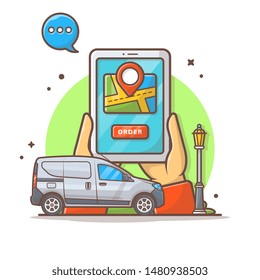 Online Transportation Order with Navigation Vector Icon Illustration. Hand Booking Car with Application in Tablet. Flat Cartoon Style Suitable for Web Landing Page, Banner, Flyer, Background