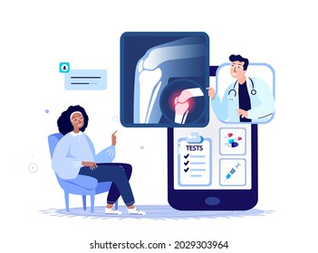 Online Traumatologist Man Orthopedist Doctor Consultate Woman Patient.Pain in Knee Joint Inflammation,Osteoarthritis Diagnostics Checkup.Internet Treatment.Digital Medical Hospital.Vector Illustration