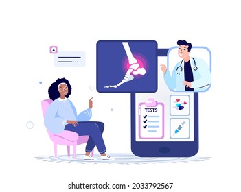 Online Traumatologist Orthopedist Doctor Consultate Woman Patient.Ankle Joint Pain,foot arthritis Inflammation,Osteoarthritis Diagnostic.Internet Treatment.Digital Medical Hospital.Vector Illustration