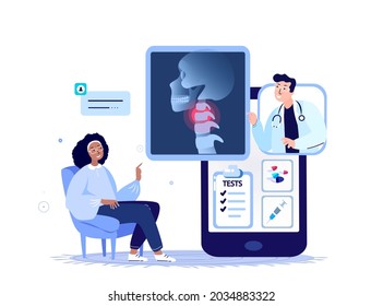 Online Traumatologist Orthopedist Doctor Consultate Woman Patient.Neck Joint Pain,spondylosis arthritis Inflammation,Osteoarthritis Diagnostic.Internet Treatment.Digital Medical Hospital. Illustration