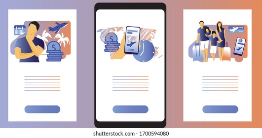 Concepto de aplicación de viaje en línea.Personas pequeñas planeando viajar.Plantilla de pantalla para página de inicio de teléfono móvil inteligente, plantilla, UI, web, aplicación móvil, afiche, banner, volante. Estilo moderno de caricatura plana.Vector