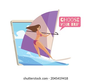 Online travel booking cartoon composition with happy surfing woman and smartphone vector illustration