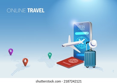 Online travel, online booking concept. Airplane flying from smartphone app with pin point on world map. Reservation flight ticket, traveling by airplane to explore world.