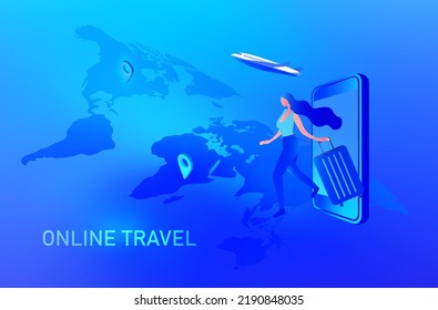 Online travel, and  booking concept.  Airplane on global map, luggage  and navigator check point vector illustration 