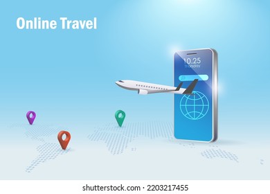 Online travel, online booking concept. Airplane flying from smartphone app with pin point on world map. Reservation flight ticket, traveling by airplane to explore world.