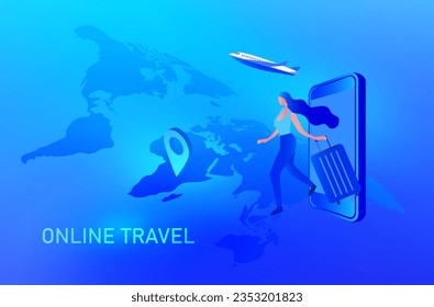 Online travel, and  booking concept.  Airplane on global map, luggage  and navigator check point vector illustration 