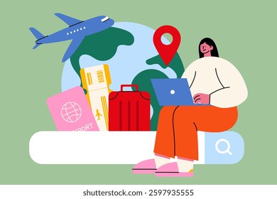 Online travel booking illustration. Woman planning trip with laptop. Passport, ticket, luggage, airplane, and World map. Travel search concept for websites, blogs, and booking platforms