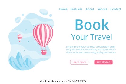 Online travel booking landing web page concept vector illustration. Red hot air balloon with blue mountain landscape on website page template for online service adventure booking or social media promo