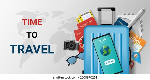 Online travel booking service app on smartphone . online ticket. Trip planning. Travel to World. Travel equipment and luggage. Top view on travel and tourism concept. vector illustration