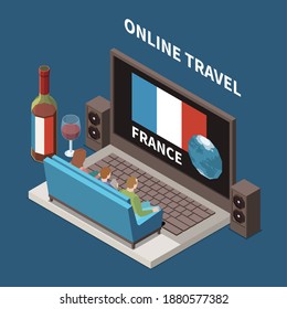 Online travel concept with people watching programme about france on laptop 3d isometric vector illustration