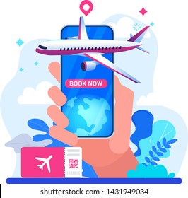 Online travel mobil app, online ticket booking. Buying air tickets from home using your mobil. E-shopping concept. 
