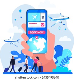 Online travel mobil app, online ticket booking. Buying air tickets from home using your mobil. E-shopping concept. 