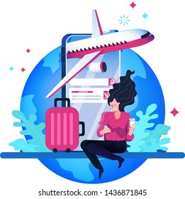 Online travel mobil app, online ticket booking. Buying air tickets from home using your mobil. E-shopping concept. 