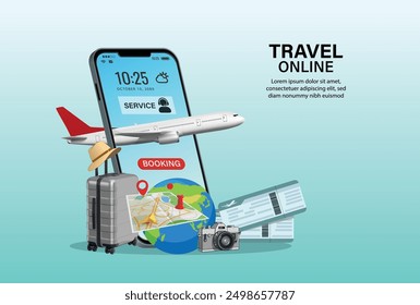 Online travel on smartphone . Book a ticket. Trip planning. Travel to World. travel equipment and luggage. gps Top view on travel and tourism concept 3d