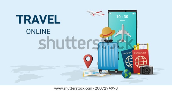 Online travel on\
smartphone . Book a ticket. Trip planning. Travel to World. travel\
equipment and luggage. Top view on travel and tourism concept\
template. vector\
illustration