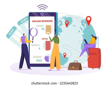 Online travel reservation concept, vector illustration, flat tiny man woman character planning travel at smartphone application, booking hotel