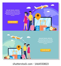 Online Travel Service Background Vector. Promotional Banner with Tourists Bags and Airplane Taking Off. Tourism and Summer Vacation. Vector Illustration. Trip around World