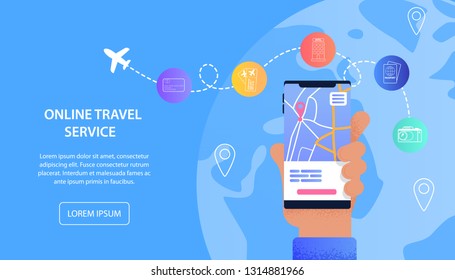 Online Travel Service Vacation Assistance Tourist. Banner Vector Illustration Male Hand Holding Mobile Phone. Mobile Applications for Buying Airline Tickets, Visa, Hotel Booking, Check-In