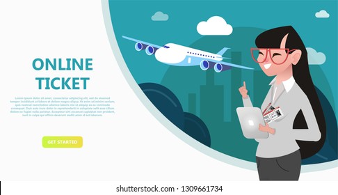 Online travel store, online ticket booking. Buying air tickets from home using your phone, tablet, computer. E-shopping concept. Use for landing page, template, ui, web, mobile app, poster, banner