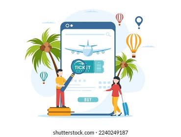 Tienda de entradas para viajes en línea a través de la aplicación de transporte y proveedor de viajes para reservar en una ilustración de plantilla dibujada a mano de dibujos de dibujos a mano