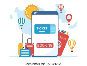 Online Travel Ticket Store Through transportation and Journey Provider App for Booking in Flat Cartoon Hand Drawn Template Illustration