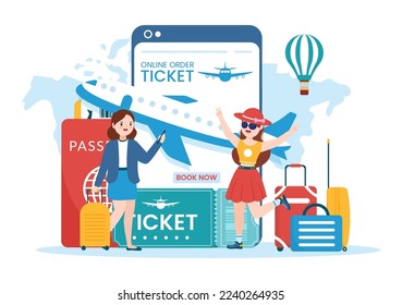 Online Travel Ticket Store Through transportation and Journey Provider App for Booking in Flat Cartoon Hand Drawn Template Illustration