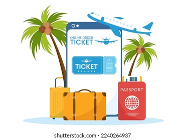 Online Travel Ticket Store Through transportation and Journey Provider App for Booking in Flat Cartoon Hand Drawn Template Illustration