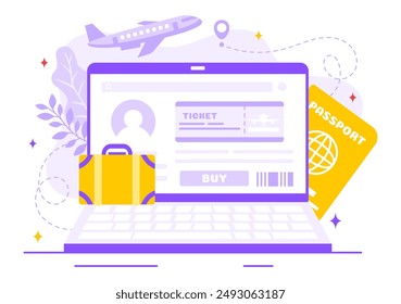 Online Travel Ticket Vector Illustration Through a Transportation and Journey Provider App for Booking in a Flat Style Cartoon Background