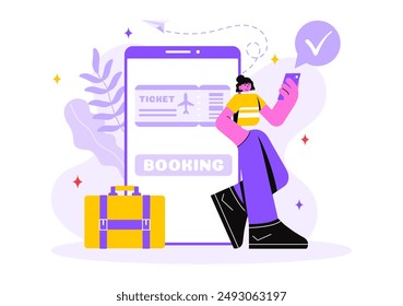 Online Travel Ticket Vector Illustration Through a Transportation and Journey Provider App for Booking in a Flat Style Cartoon Background