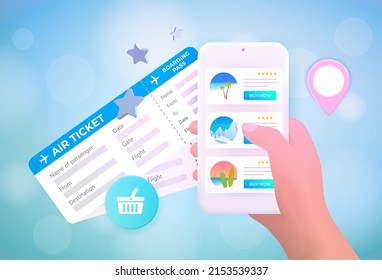  Online travel tours 3d vector concept. The drawn hand holds smartphone with open website with tours to different destinations in the world - palm trees and ocean, mountains, and outdoor activities