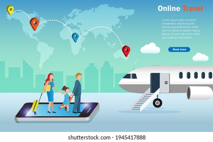 Online travel, transportation technology concept. Family and kid carrying luggages on smartphone screen traveling overseas by airplane with world map and pin point background. 